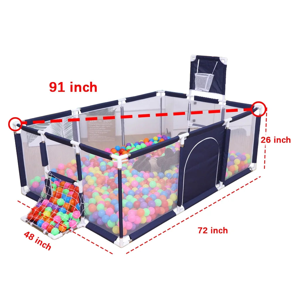 91 Inch Large Kid Baby Playpen Playard with Basketball Hoop,Folding Breathable Mesh Infant Children Play Game Fence for Indoors Outdoors Home