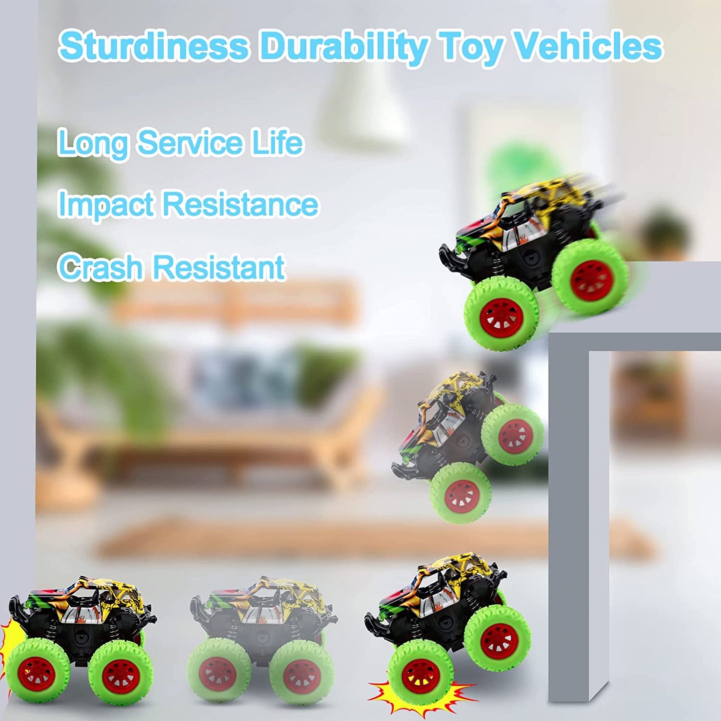 Monster Truck Toys for Ages 2-4, Friction Cars for Toddlers 1-3 Push and Go 360° Rotating Stunt Car for 2+ Year Old Boys Girls Gifts (2 Pack - Blue and Green)