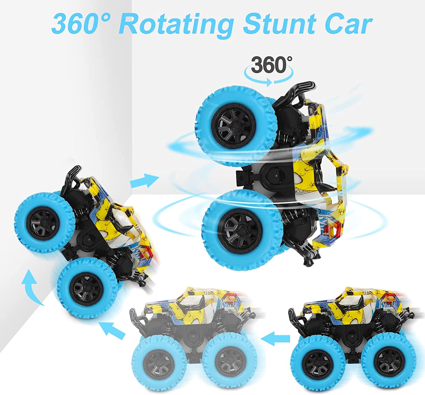 Monster Truck Toys for Ages 2-4, Friction Cars for Toddlers 1-3 Push and Go 360° Rotating Stunt Car for 2+ Year Old Boys Girls Gifts (2 Pack - Blue and Green)
