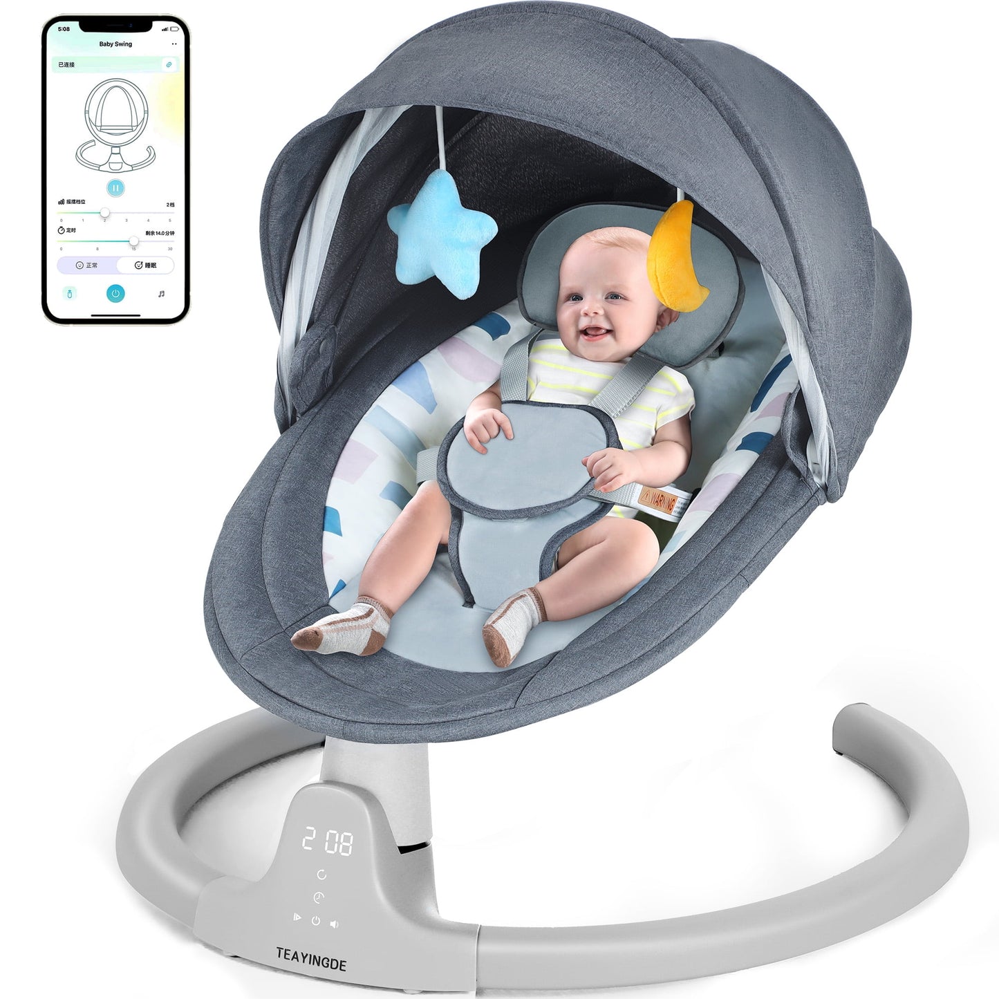 Baby Swing for Infants - APP Remote Bluetooth Control, 5 Speed Settings, 10 Lullabies, USB Plug (Blue)