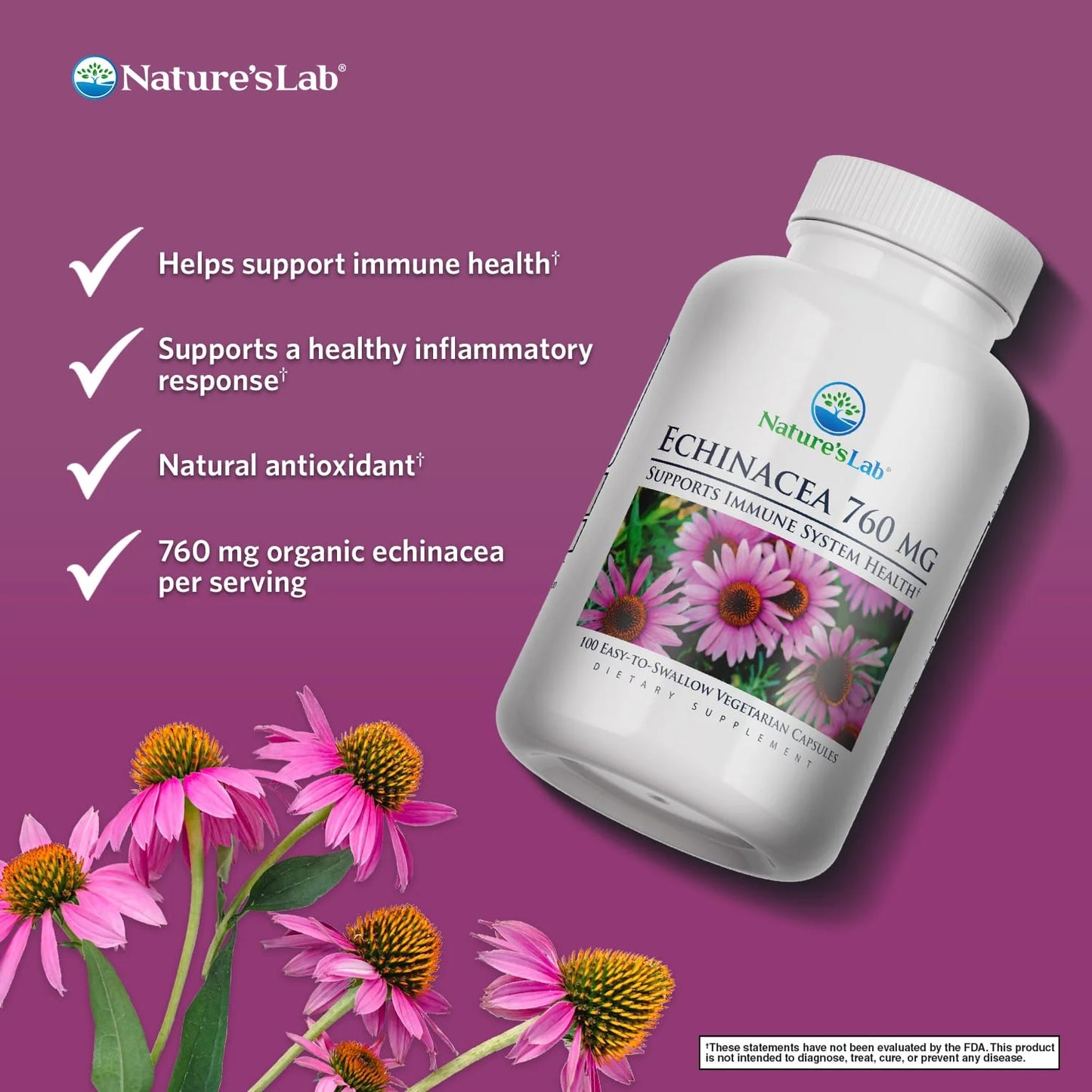 Echinacea 760Mg Dietary Supplement - 100 Capsules (50 Day Supply) - Powerful All Natural Immune System Support* - Non-Gmo, Gluten Free